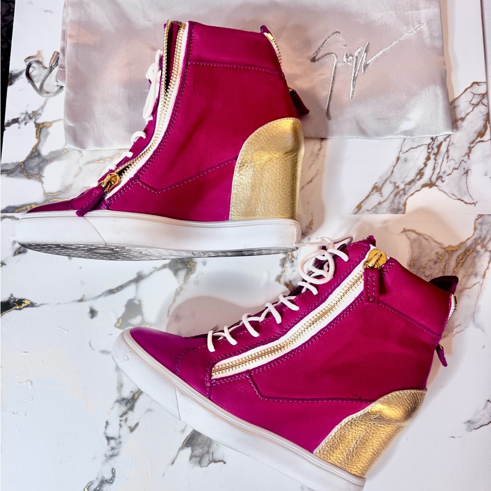 Giuseppe Zanotti Leather Wedge Sneakers Gold Fuchsia Magenta Pink Size 40 10